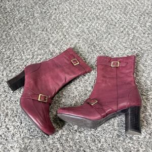 Vintage Kimel Size 9 Mid Calf Boots Zip Straps Buckle Burgundy Leather Classic